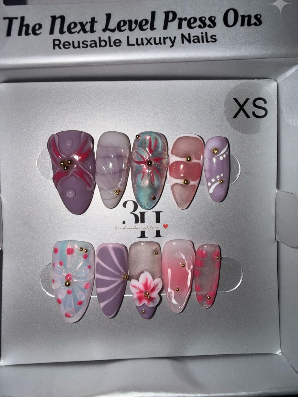 3H The Next Level Press Ons Reusable Luxury Nails - The Floral Purple & Pink Set